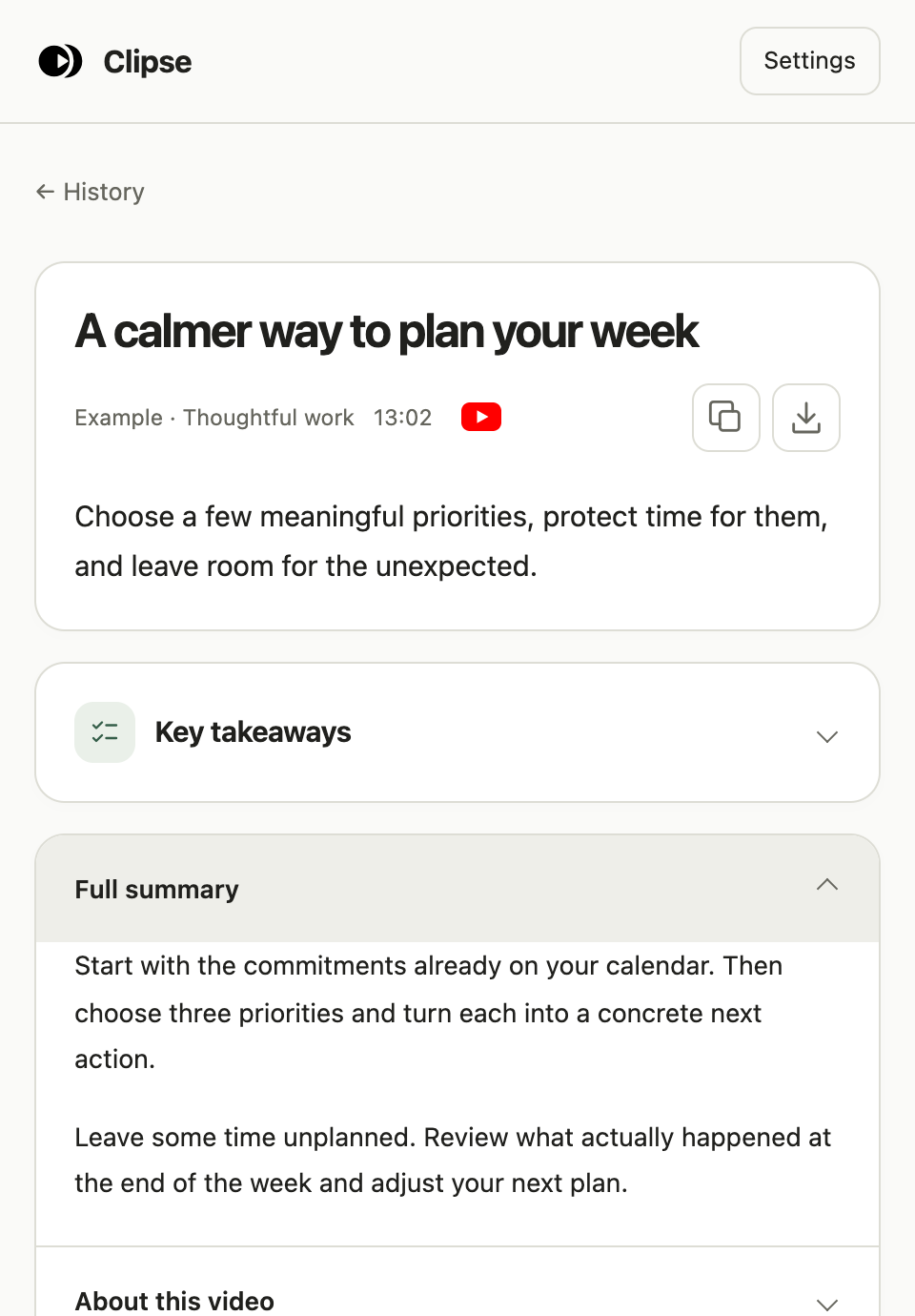 A clear summary of an example video about planning your week.